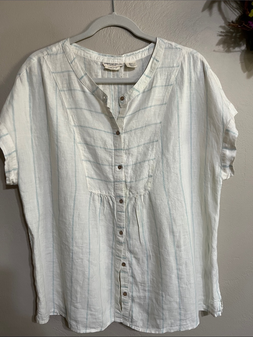 Christian Siriano White and Light Blue Striped Button-Down Tunic